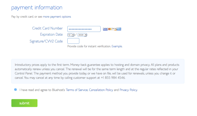 payment information bluehost